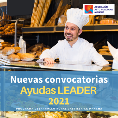 Cartel de ayudas LEADER, con un panadero sonriente en su mostrador