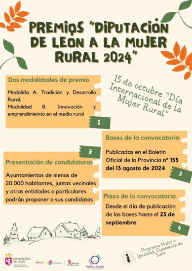 13/08/2024 Recurso gráfico en el que se recogen las bases del premio Mujer Rural 2024
POLITICA ESPAÑA EUROPA CASTILLA Y LEÓN SOCIEDAD
DIPUTACIÓN DE LEÓN